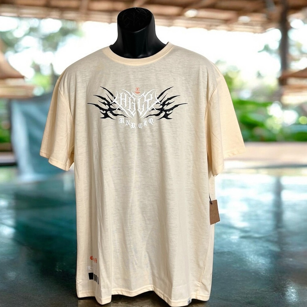 Highly Undrtd Mens Graphic T-Shirt Cream Tribal Butterfly Clique Large NEW